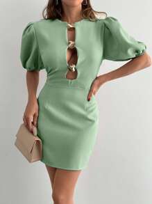 EURMUSE Women's Solid Gold Accessory Detailed Short Dress - Mint Green - View 6