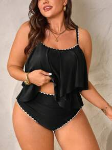 Swim Lushoire 2 件加大码女式绿色吊带背心荷叶边上衣和高腰荷叶边下摆裤子套装，夏季海滩度假装