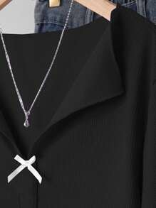 Plus Size Women's Simple Sweet V-Neck Frill Trim Bow Short Sleeve T-Shirt, Casual Mommy And Me Matching (Sold Separately) Summer - Black - View 4