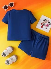 Astro Boy X SHEIN 男婴卡通图案蓝色休闲运动T恤和短裤套装