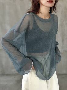 FRIFUL Women Loose Crew Neck See-Through Mesh Top, Layer In Spring & Summer Long Sleeve Women Tops,Fall Women Clothes - Blue - View 4