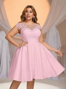 Glamrae 大码优雅浪漫透明领口花卉蕾丝拼布缎面 A 字形婚纱，新娘礼物礼服 - 粉色 - 查看 6