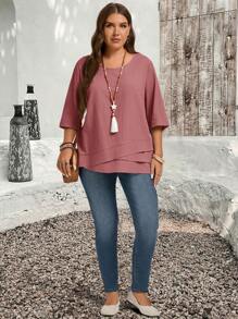 EMERY ROSE Plus Size Asymmetric Hem Grey Pink Country Shirts Fall Clothes - Redwood - View 4