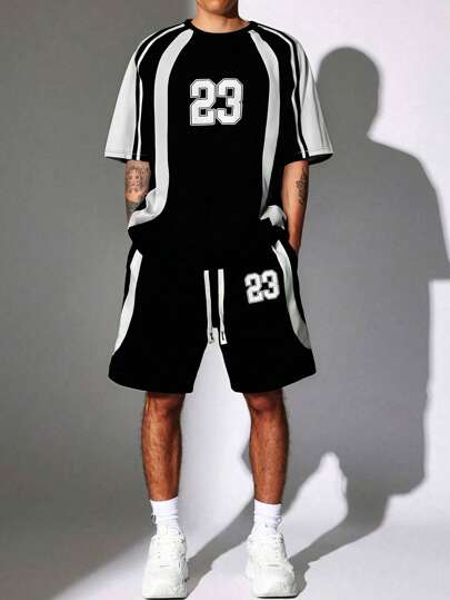 Manfinity Campus Court 年轻休闲拼色拼接功能性插肩袖T恤套装，适合夏季穿着、户外和家居