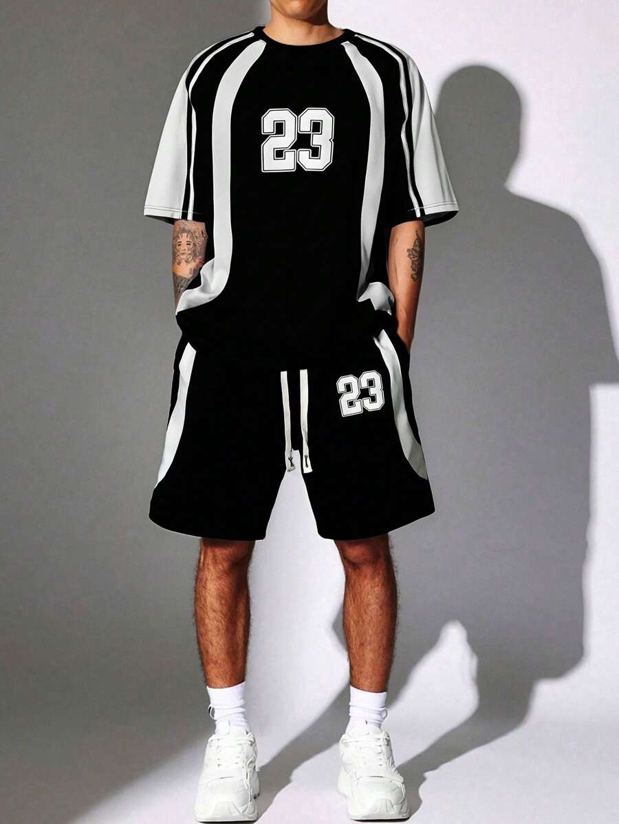 Manfinity Campus Court Aesthetic Post--Young Casual Colorblock Stitching Functional Raglan Sleeve T-Shirt Set, Suitable For Summer Wear, Outdoor And Home - Black and White - View 1