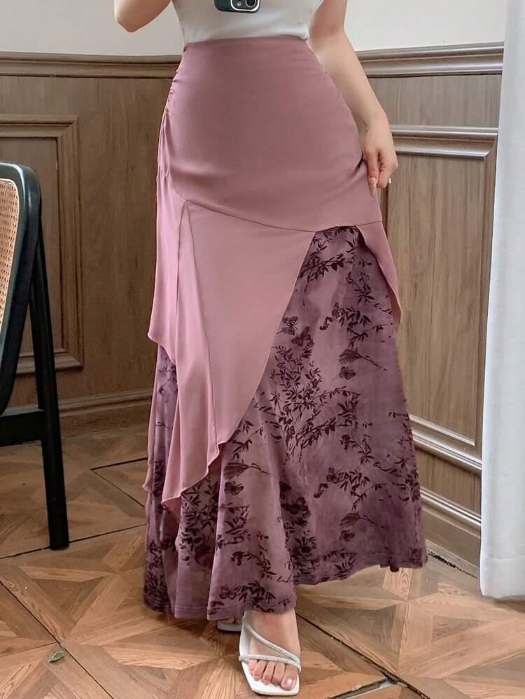 Solid Color Chiffon Patchwork Flocking Asymmetrical Hem Elegant Bodycon Skirt For Women