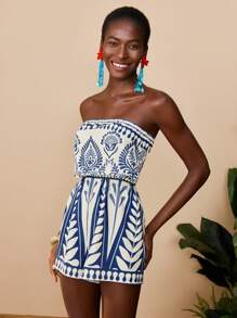 Travachic Bộ đồ liền thân ống in, Mùa hè, Trang phục mùa hè cho phụ nữ, Đồ đi biển, Trang phục đi biển cho phụ nữ, Trang phục nghỉ mát cho phụ nữ, Thoải mái, Mềm mại, Áo liền quần cho phụ nữ - Xanh và trắng - Xem 3