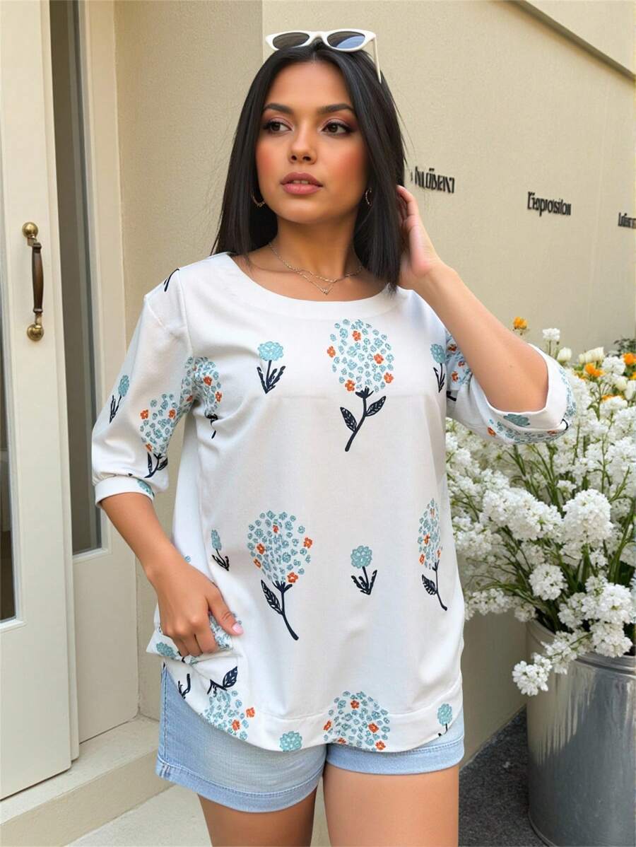 INAWLY Plus Size Women Casual Floral Print Shirt, Fall - Multicolor - View 1