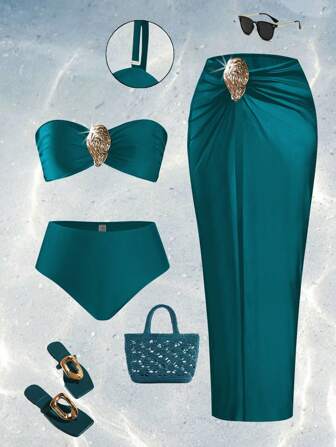 Swim Oasis Set da 3 pezzi di abbigliamento da donna taglie forti, top corto azzurro verdastro arricciato di alta qualità, slip di bikini a vita alta, e abito lungo in tulle azzurro verdastro, adatto per vacanze estive in spiaggia