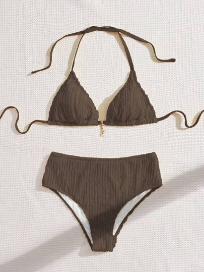 Swim Mod Set da 2 pezzi da donna taglie forti, costume da bagno casual da resort con parte superiore con decorazione a nodo e pendente in tessuto strutturato semplice e dolce