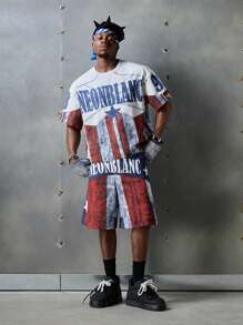 NEON BLANC Men's Streetwear Style Vertical Striped Letter Print Woven Casual Shorts, School - Blue and White - View 1