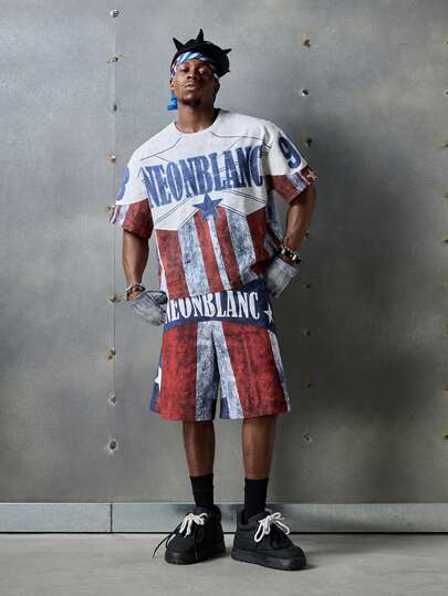 NEON BLANC Men's Streetwear Style Vertical Striped Letter Print Woven Casual Shorts, School