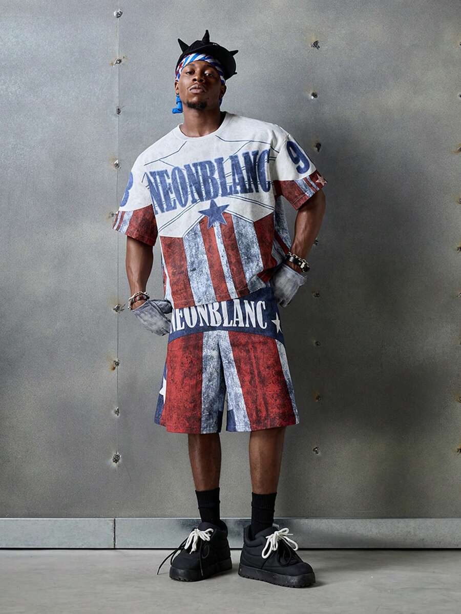 NEON BLANC Men's Streetwear Style Vertical Striped Letter Print Woven Casual Shorts, School - Blue and White - View 1