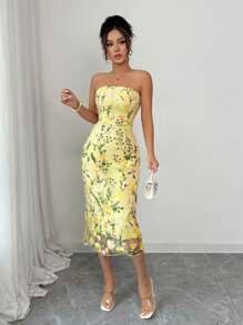 Rafferiza Váy midi bandeau thêu màu vàng thanh lịch cho nữ, mùa hè - Màu vàng - Xem 3