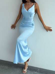 Aloruh 女式优雅纯色3D花卉装饰修身连衣裙 - 藍色 - 查看 6