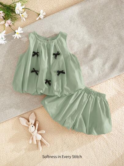 Cozy Pixies 2 件女婴蝴蝶结装饰圆领无袖上衣和松紧腰短裤套装