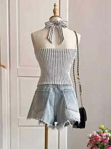 Cévolie Women Summer Striped Y2k Halter Top - Black and White - View 2