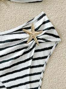 Soleia 新款时尚女式黑白针织罗纹条纹露肩系带金属装饰沙滩比基尼露肩圣诞开学上衣返校服装女式返校秋季女装哥特女装俱乐部服装女式性感万圣节服装外出服装演唱会服装乡村演唱会服装 - 黑與白 - 查看 5