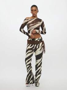 SUMWON WOMEN 透明网眼露肩长袖动物印花时尚上衣波西米亚风节日风格舞蹈俱乐部派对魅力个性单品 Y2K 风格 - 黑與白 - 查看 6