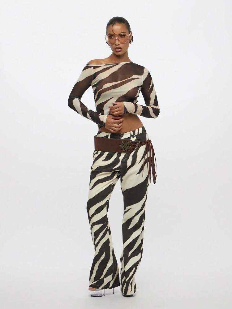 SUMWON Top de mode à manches longues à l'épaule dénudée en maille transparente à imprimé animal, style bohème festif, pour la danse, les soirées, une tenue glamour, dans le style Y2K