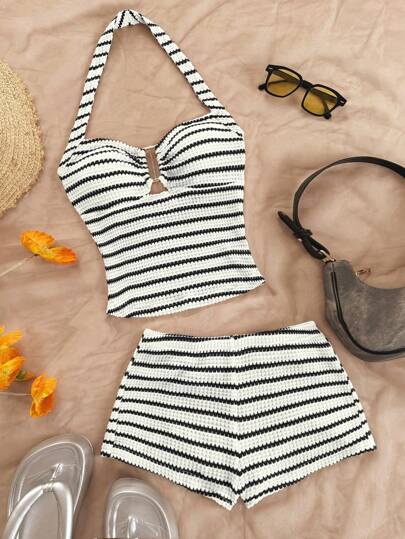 Soleia Conjunto casual de 2 piezas de top halter con volantes a rayas y shorts para mujer