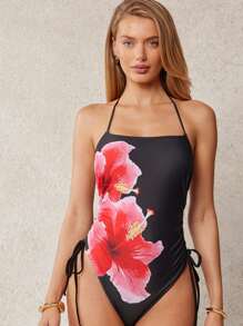 L'Amorae Women's Vacation Floral Print Side Tie Halter One-Piece Swimsuit For Summer - Multicolor - View 3