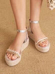 Styleloop Vacation Casual Canvas Wedge Heel Sandals - Silver - View 2