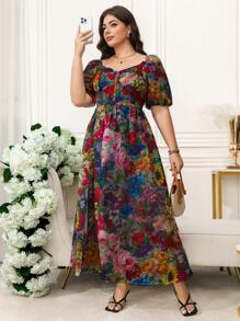 SHEIN Clasi Curve 加大码女式浪漫优雅雪纺印花泡泡袖腰 A 字长浪漫连衣裙、正式连衣裙、女士夏季连衣裙、商务休闲女装、女士生日连衣裙、女士连衣裙 - 粉色 - 查看 4