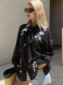 Livesso Áo cánh/áo sơ mi dài tay dáng rộng, màu trơn, cổ loe, mỏng, thường ngày mùa hè cho nữ, quần áo mùa thu - màu đen - Xem 6