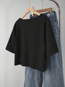 Plus Size Women's Simple Sweet V-Neck Frill Trim Bow Short Sleeve T-Shirt, Casual Mommy And Me Matching (Sold Separately) Summer - Black - View 2