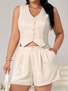 Comfortcana 2pcs/Set Plus Size Apricot Casual Solid Color Sleeveless Top & Shorts - Apricot - View 4