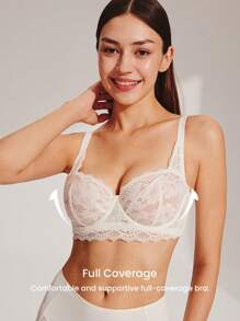 LUVLETTE 女士内衣休闲曲线半罩杯聚拢透气钢圈性感无衬里白色蕾丝优雅网眼迷你文胸新娘内衣 - 米色 - 查看 9
