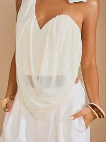 SHEIN BAE 女士优雅杏色针织单肩不对称领口上衣，饰有花卉图案，情人节 - 杏色 - 查看 7