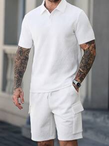 Manfinity Homme Men's Short Sleeve Polo Shirt And Cargo Shorts Set, Fashionable For Summer Men 2 Pieces Set - White - View 3