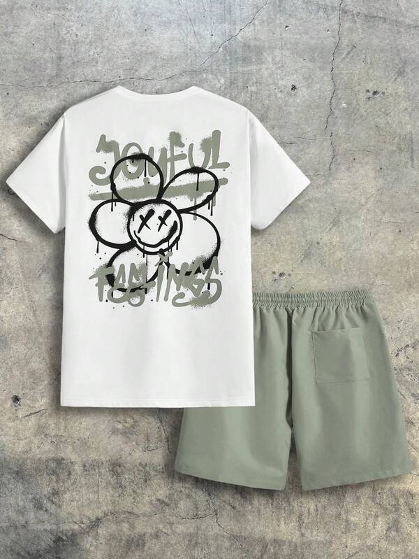 AXEPEAK Men's Summer Cartoon Letter Flower Printed Round Neck Short Sleeve Casual T-Shirt And Shorts Set, Streetwear Ready