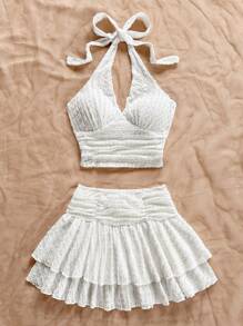 Soleia Bộ đồ đi nghỉ cho nữ: Áo hở vai cổ yếm họa tiết màu be không tay và chân váy mini xếp nếp hai lớp - trắng - Xem 3