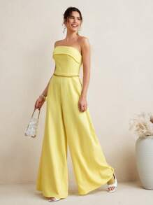 VIOLA AND VESPER Summer Pastel Butter Yellow Strapless Woven Wide-Leg Jumpsuit Women Casual Vacay Outfits