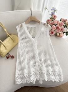 SHEIN Privé 大码女装2024夏季新款针织镂空抽绳V领背心上衣 - 白色 - 查看 5