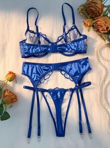 SHEIN Set de 3 piezas de lencería sexy con bordados florales en azul clásico - Azul - Ver 2