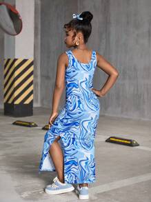 SHEIN Tween Girls Casual Streetwear Fashion Sleeveless Printed Fitted Slit Midi Dress - Blue - View 2