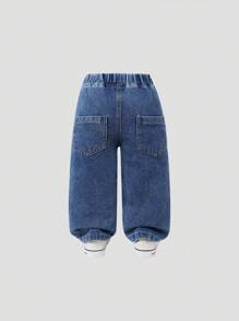 Baby Girl Casual Fashion Floral Print Distressed Comfortable Elastic Waist Jeans, 2025 Spring/Summer New Collection, Suitable For Daily Wear - Medium Wash - View 2