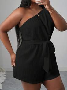 Slaydiva 2025年女士夏季休闲连体裤，百搭连体裤，适合日常穿着、度假、邮轮旅行、海滩度假、日光浴。单肩扭腰设计，纹理面料，系带腰身，修身剪裁，白色 - 黑色 - 查看 5