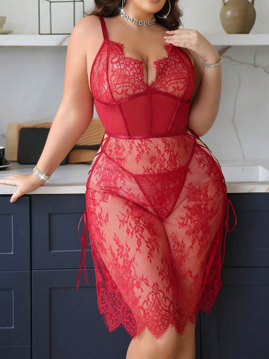 SHEIN Conjunto de lencería de 2 piezas con encaje y malla en contraste, talla grande, sin aros - Burdeos - Ver 1