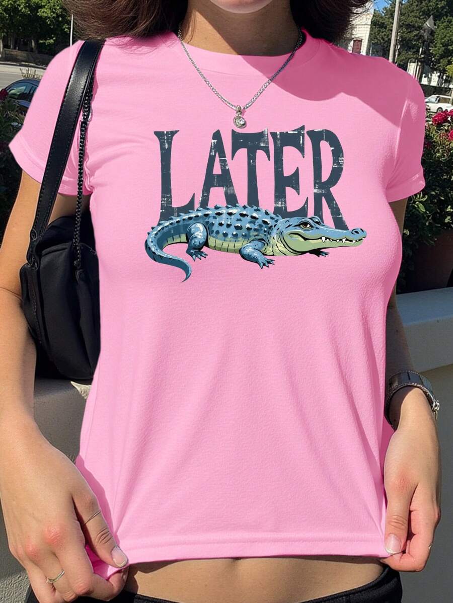 SHEIN EZwear Women's Casual Letter & Alligator Print Round Neck Short Sleeve T-Shirt - Pink - View 1