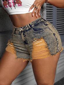 Slaydiva Plus Size Women's Denim Shorts Sexy Tight Elastic Ripped Denim Denim Shorts, Valentine's Day Vacation Summer - Dark Wash - View 5