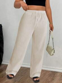 SHEIN PETITE Pantalones rectos informales sueltos de unicolor con cordón en la cintura para mujer talla grande