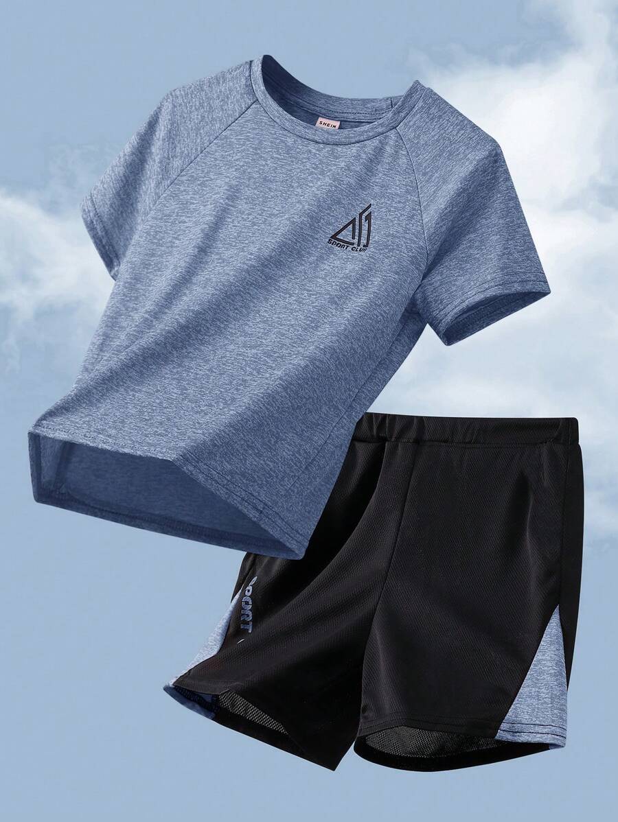 SHEIN Conjunto deportivo de 2 piezas con camiseta y pantalones cortos para niño preadolescente con diseño de bloques de color contrastantes - Azul - Ver 1