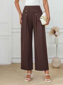 EMERY ROSE Women's Buttoned Pleated Elegant Office Pants Summer - Brown - View 6