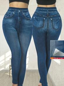 SHEIN LUNE Pantalones ajustados de mujer con estampado de efecto denim, con diseño sexy y de moda para tallas grandes