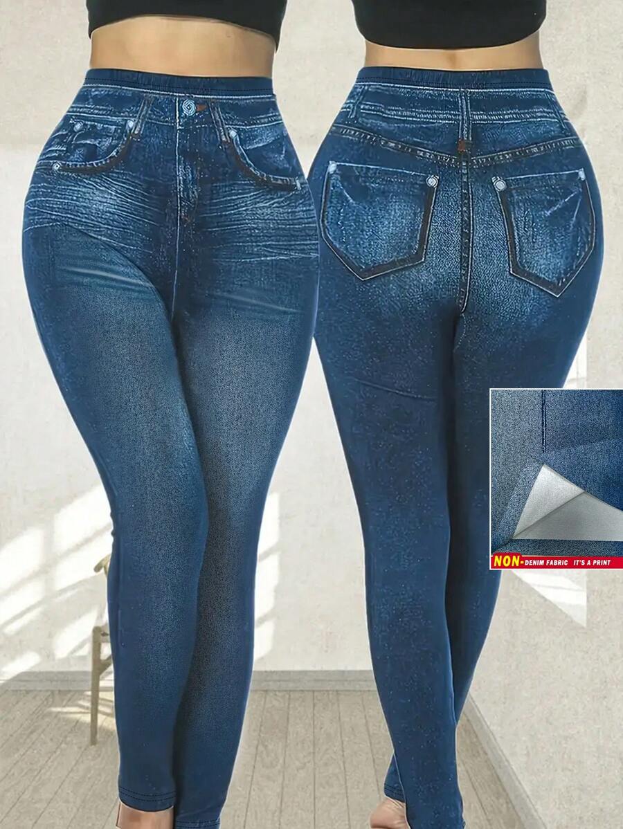 SHEIN LUNE Pantalones ajustados de mujer con estampado de efecto denim, con diseño sexy y de moda para tallas grandes